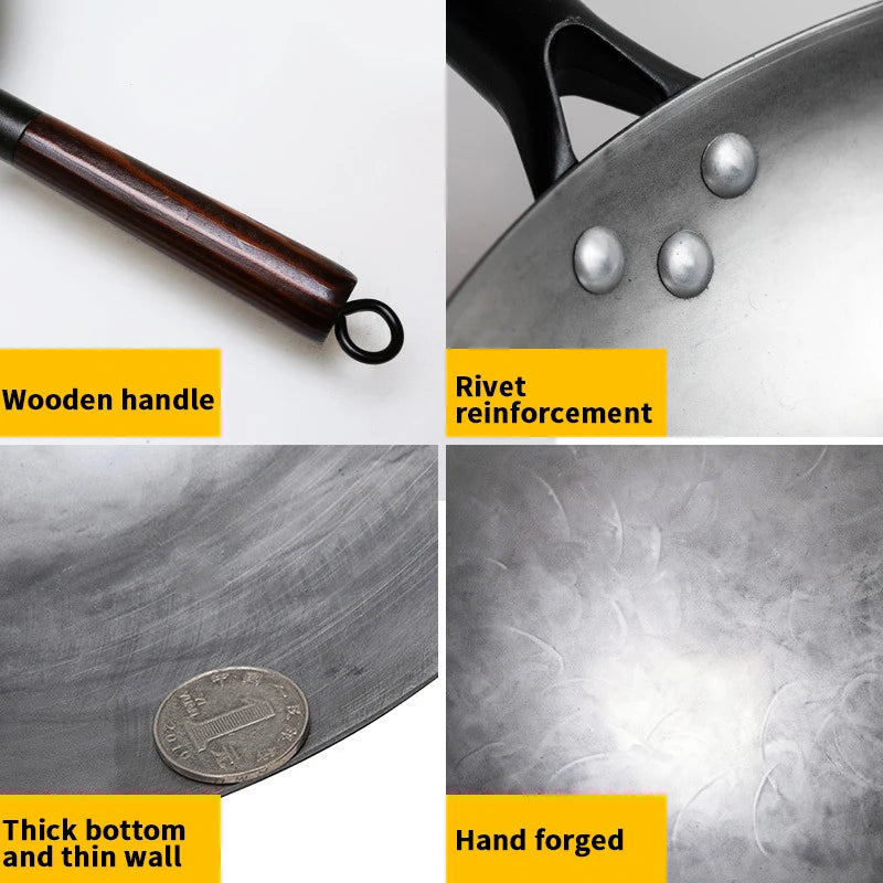 Iron Wok Chinese Traditional Handmade Wok For Kitchen Non-coating Pan Wooden Handle For Gas Cookware 1 to 2 People