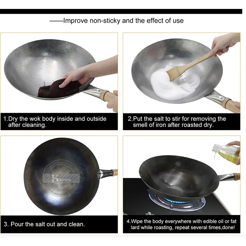 Iron Wok Chinese Traditional Handmade Wok For Kitchen Non-coating Pan Wooden Handle For Gas Cookware 1 to 2 People