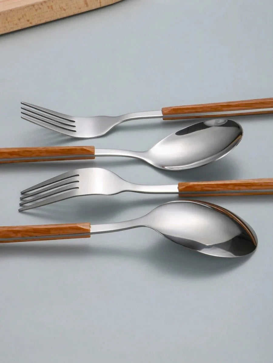 2/4/8/12pcs Stainless steel cutlery set with imitation wood handle fork and spoon, suitable for family gatherings, restaurants
