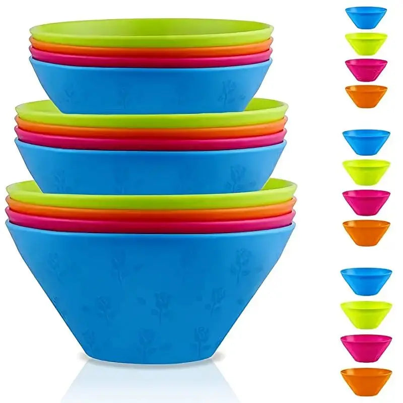 12pcs Plastic Bowls Set,3 Sizes 14/20/25oz Unbreakable Reusable Light Weight Bowl For Cereal,Noodle,Soup,Pasta,Salad,Popcorn