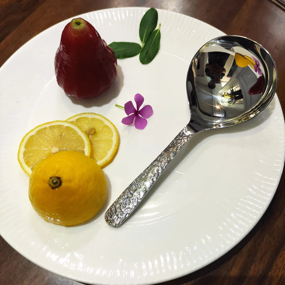 Super Exquisite 3pcs Spoon Set Classical Design Retro Stone Texture Ladle/Rice Scoop Floral Pattern Round-Tip Spoons Tableware