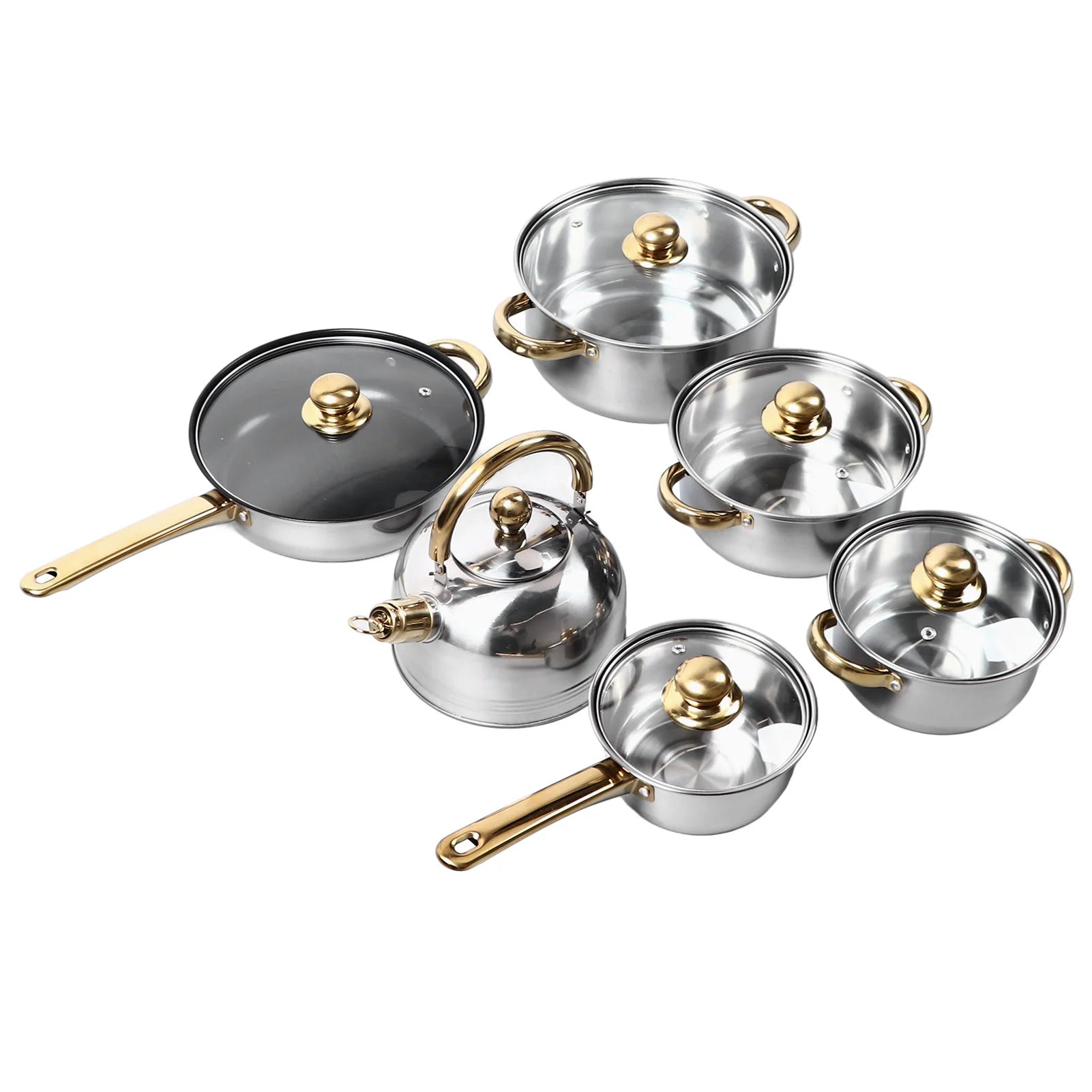 6 Sets Kitchen Pots Set Stainless Steel Golden Handle Smoothing Sturdy Durable Easy to Clean Cookware Set for Home Cooking Pots