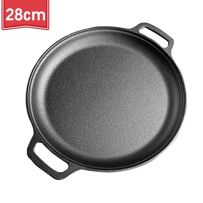 Cast Iron Skillet Pan with Dual Handles Non-Stick BBQ Camping Fry Pan Steak Pork Chicken Cooking Pot Kitchen Outdoor BBQ Grill