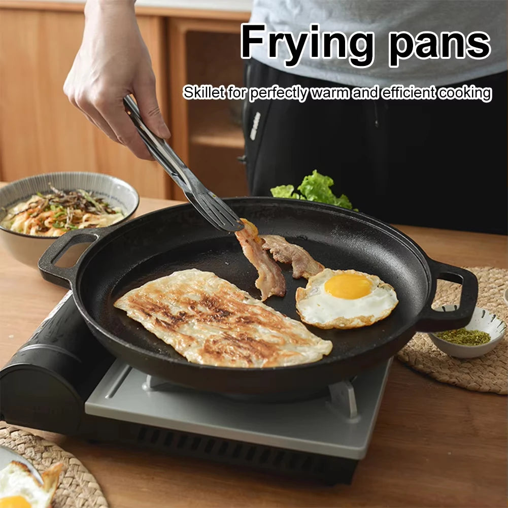 Cast Iron Skillet Pan with Dual Handles Non-Stick BBQ Camping Fry Pan Steak Pork Chicken Cooking Pot Kitchen Outdoor BBQ Grill
