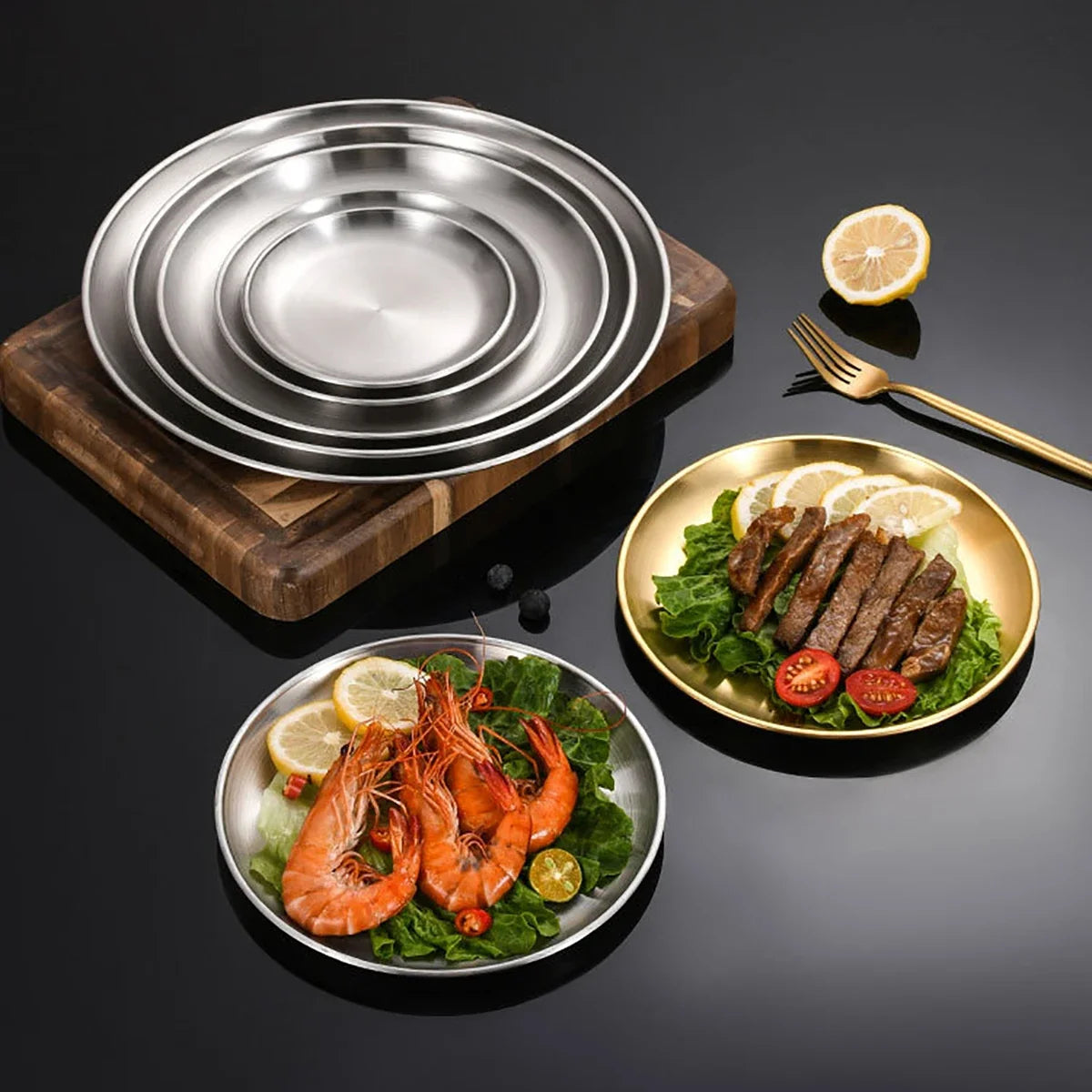 3/7/10pcs Stainless Steel Plate Set BBQ Fried Chicken Barbecue Meat Plate Vegetable Fruit Storage Tray Party Cake Dessert Plate
