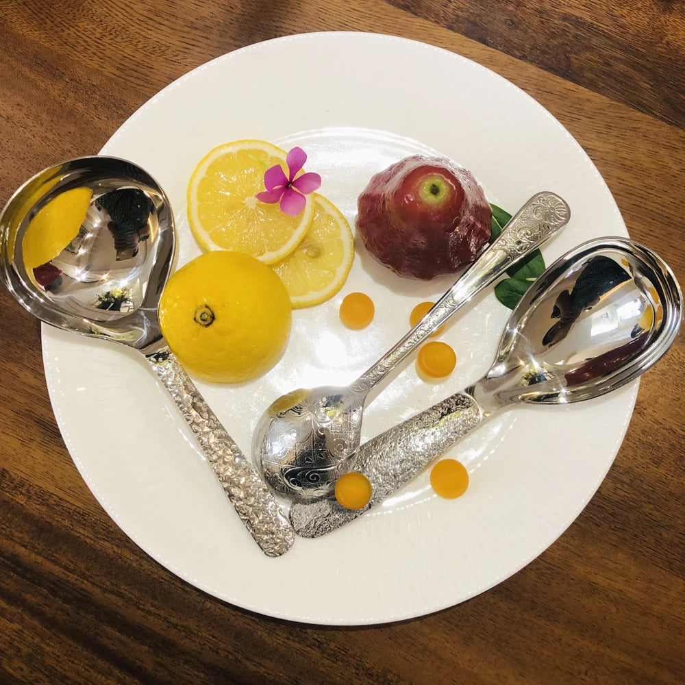 Super Exquisite 3pcs Spoon Set Classical Design Retro Stone Texture Ladle/Rice Scoop Floral Pattern Round-Tip Spoons Tableware