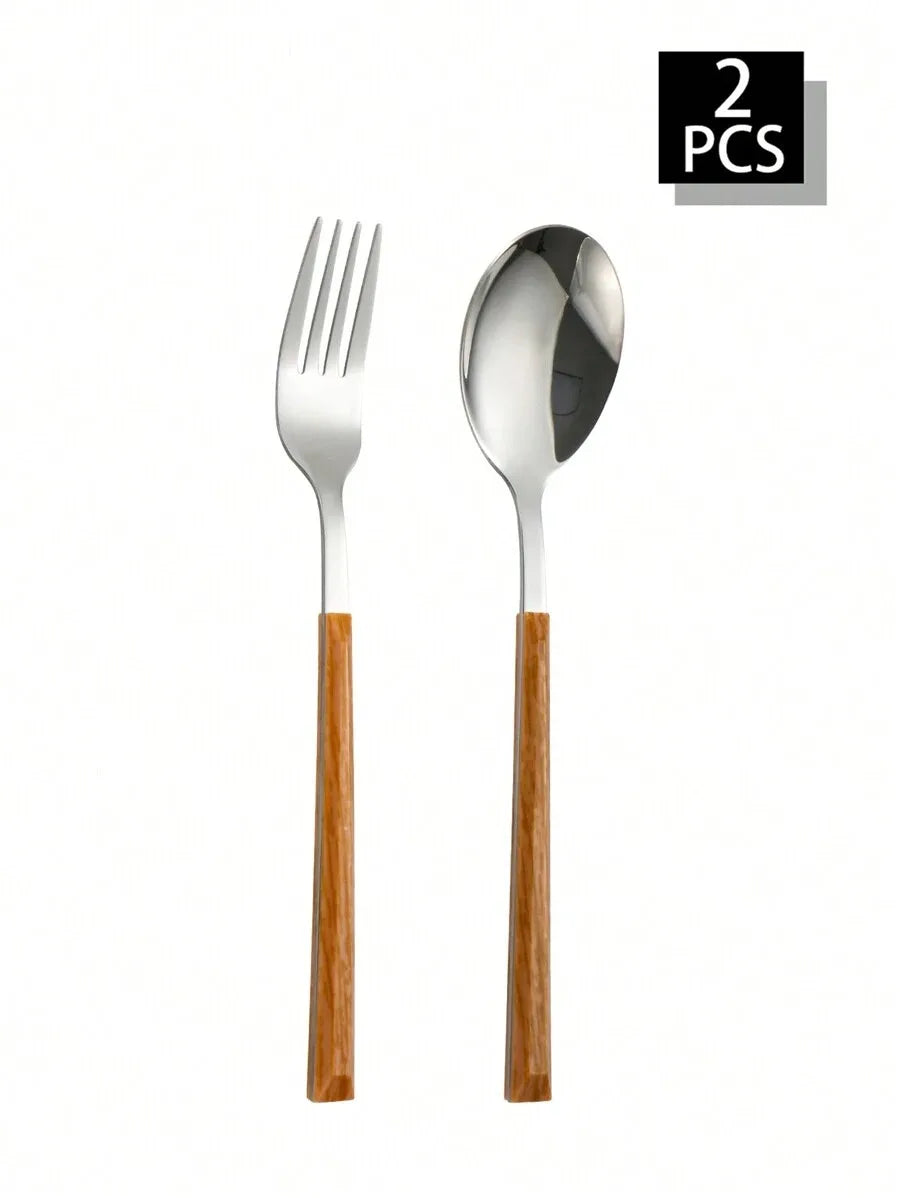 2/4/8/12pcs Stainless steel cutlery set with imitation wood handle fork and spoon, suitable for family gatherings, restaurants
