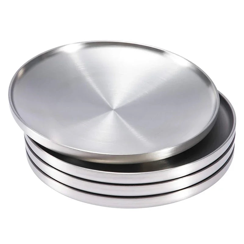 4Pcs/Set 304 Stainless Steel Round Plates, Double-Walled Insulated Dinner Plate, Plates for Snack, Dishes and Fruit