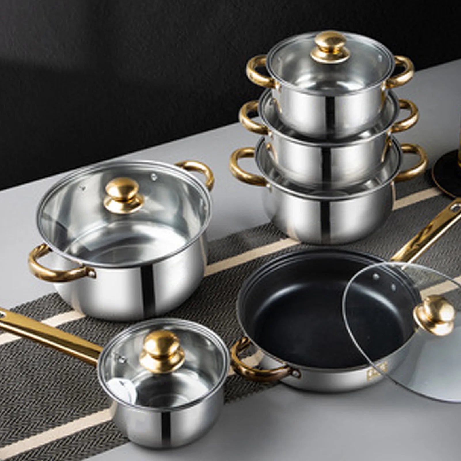 6 Sets Kitchen Pots Set Stainless Steel Golden Handle Smoothing Sturdy Durable Easy to Clean Cookware Set for Home Cooking Pots