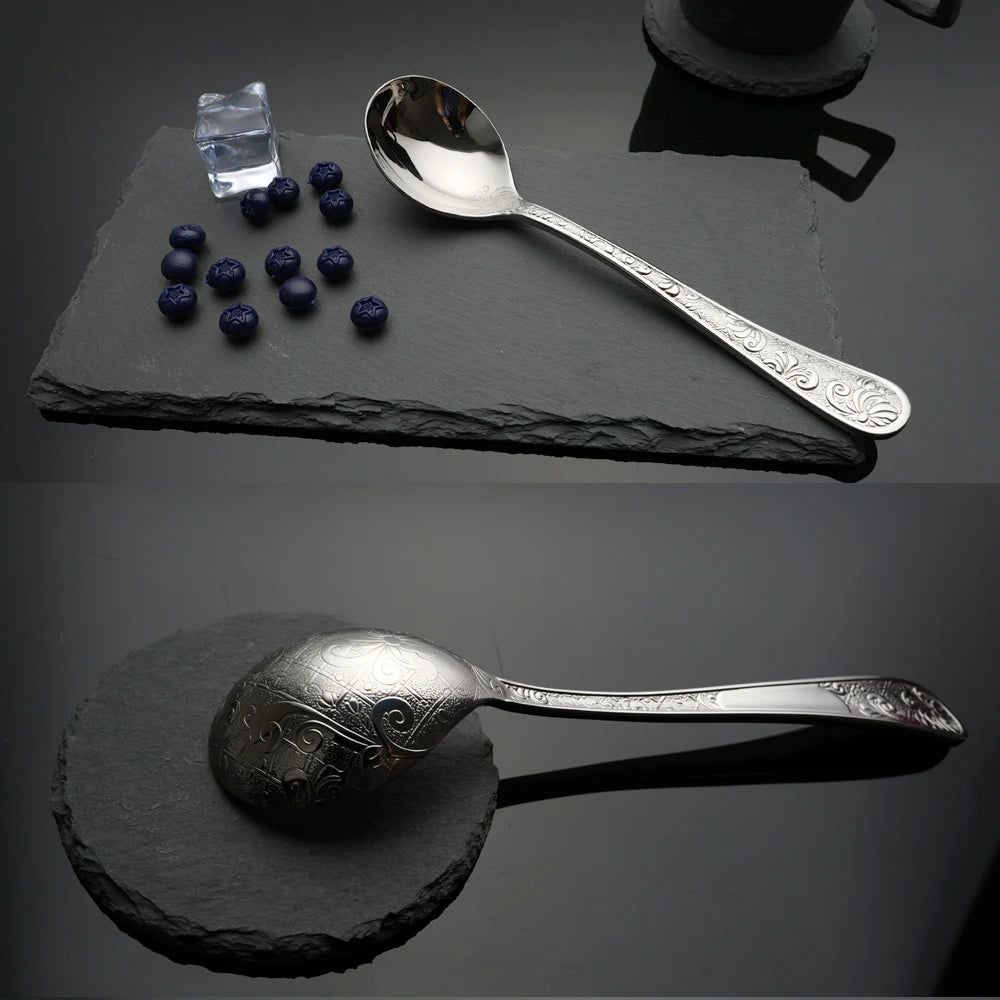 Super Exquisite 3pcs Spoon Set Classical Design Retro Stone Texture Ladle/Rice Scoop Floral Pattern Round-Tip Spoons Tableware