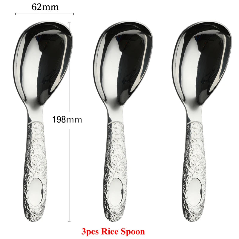 Super Exquisite 3pcs Spoon Set Classical Design Retro Stone Texture Ladle/Rice Scoop Floral Pattern Round-Tip Spoons Tableware