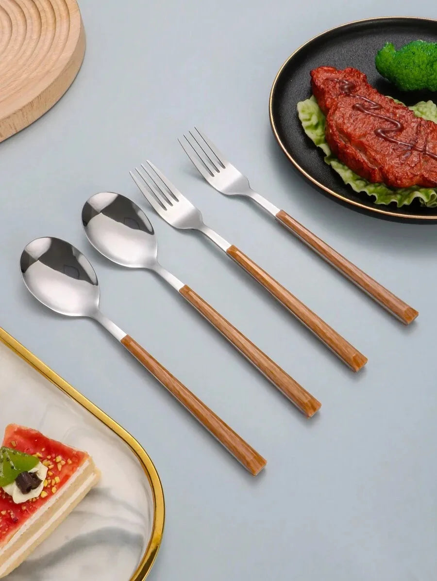 2/4/8/12pcs Stainless steel cutlery set with imitation wood handle fork and spoon, suitable for family gatherings, restaurants