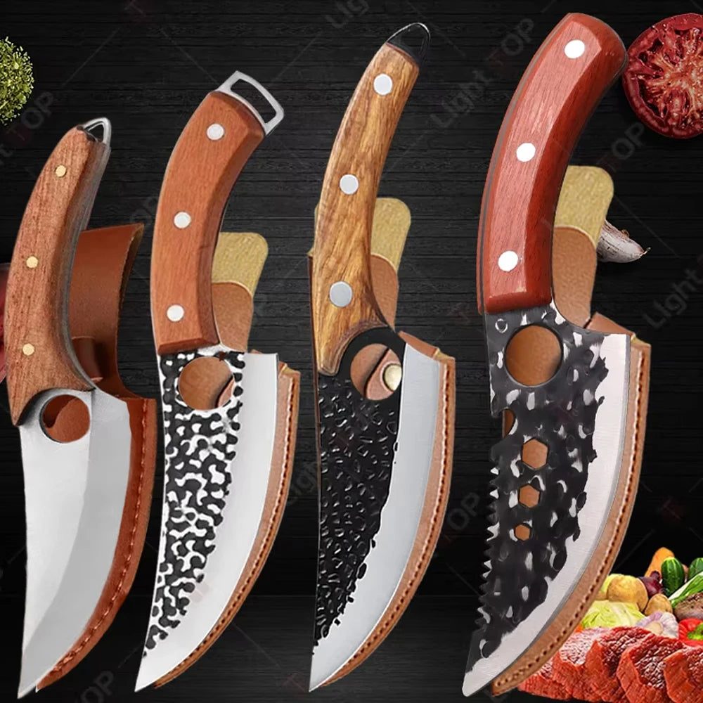 Multipurpose Chef Knives Meat Cleaver Kitchen Knife Hand-Forged Boning Knife Wooden Handle Stainless Steel Hammer Butcher Knife