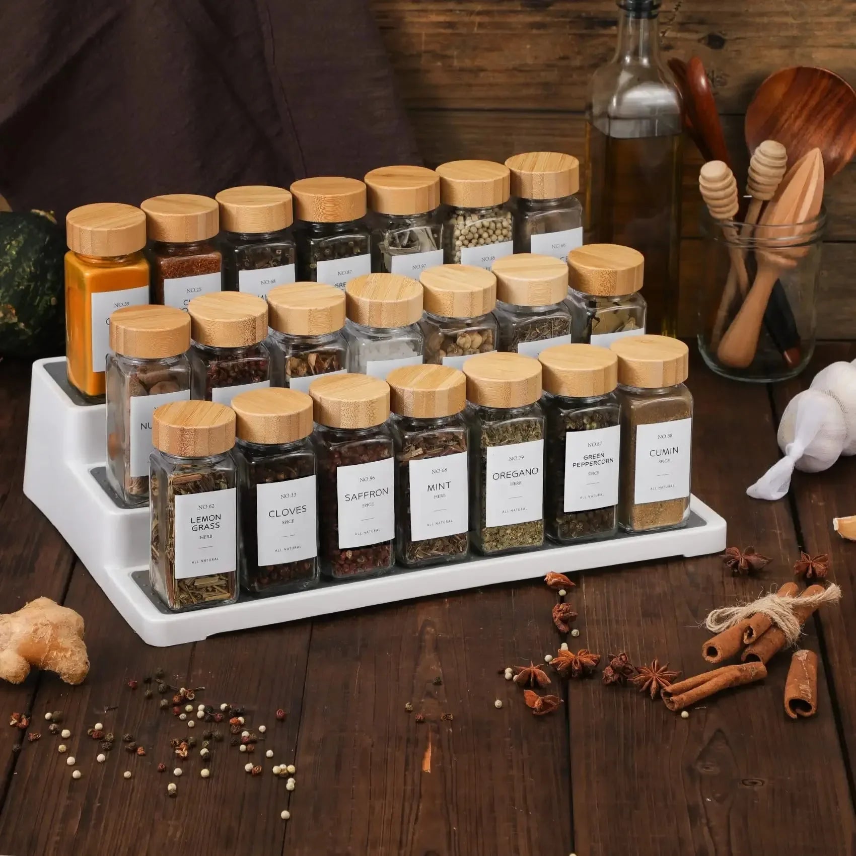 6/12/24pcs Glass Spice Jars with Bamboo Lid Spice Seasoning Containers Salt Pepper Shakers Spice Organizer Kitchen Spice Jar Set