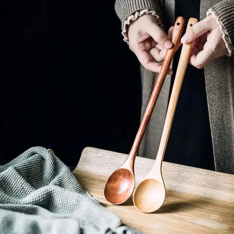 Long Wooden Teaspoons Kitchen Cooking Utensils for Soup Tea Honey Stirring Spoon Ladle Soup Spoon and Fork