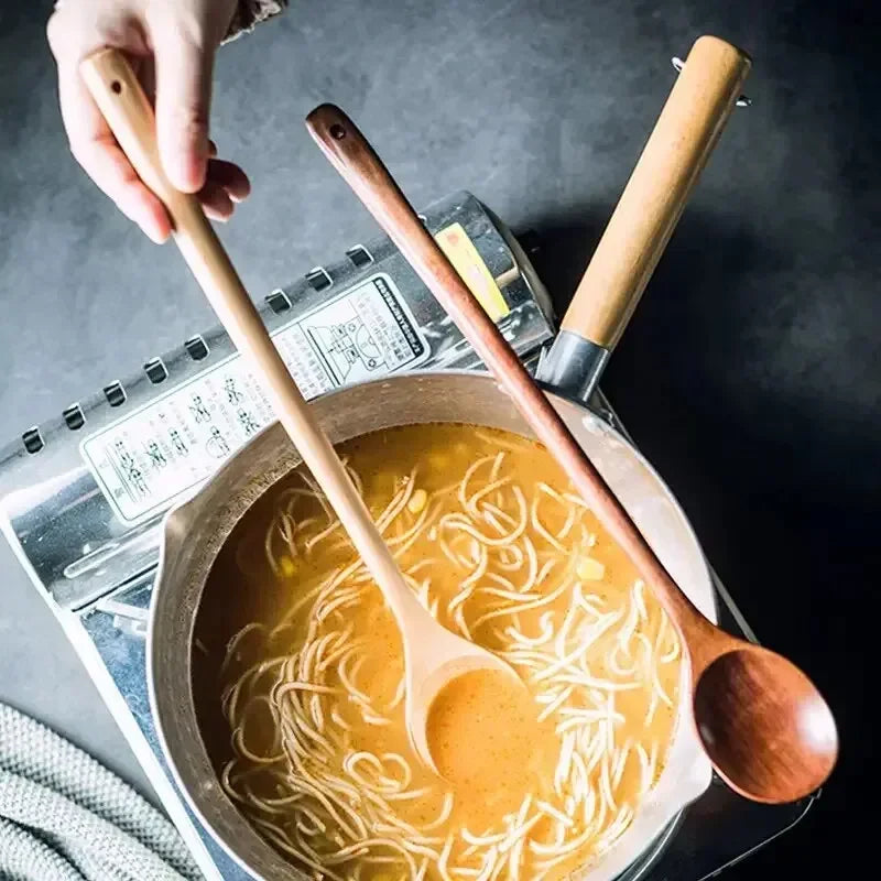 Long Wooden Teaspoons Kitchen Cooking Utensils for Soup Tea Honey Stirring Spoon Ladle Soup Spoon and Fork