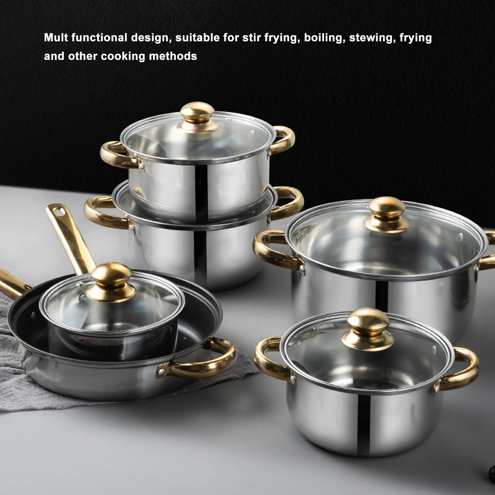 6 Sets Kitchen Pots Set Stainless Steel Golden Handle Smoothing Sturdy Durable Easy to Clean Cookware Set for Home Cooking Pots