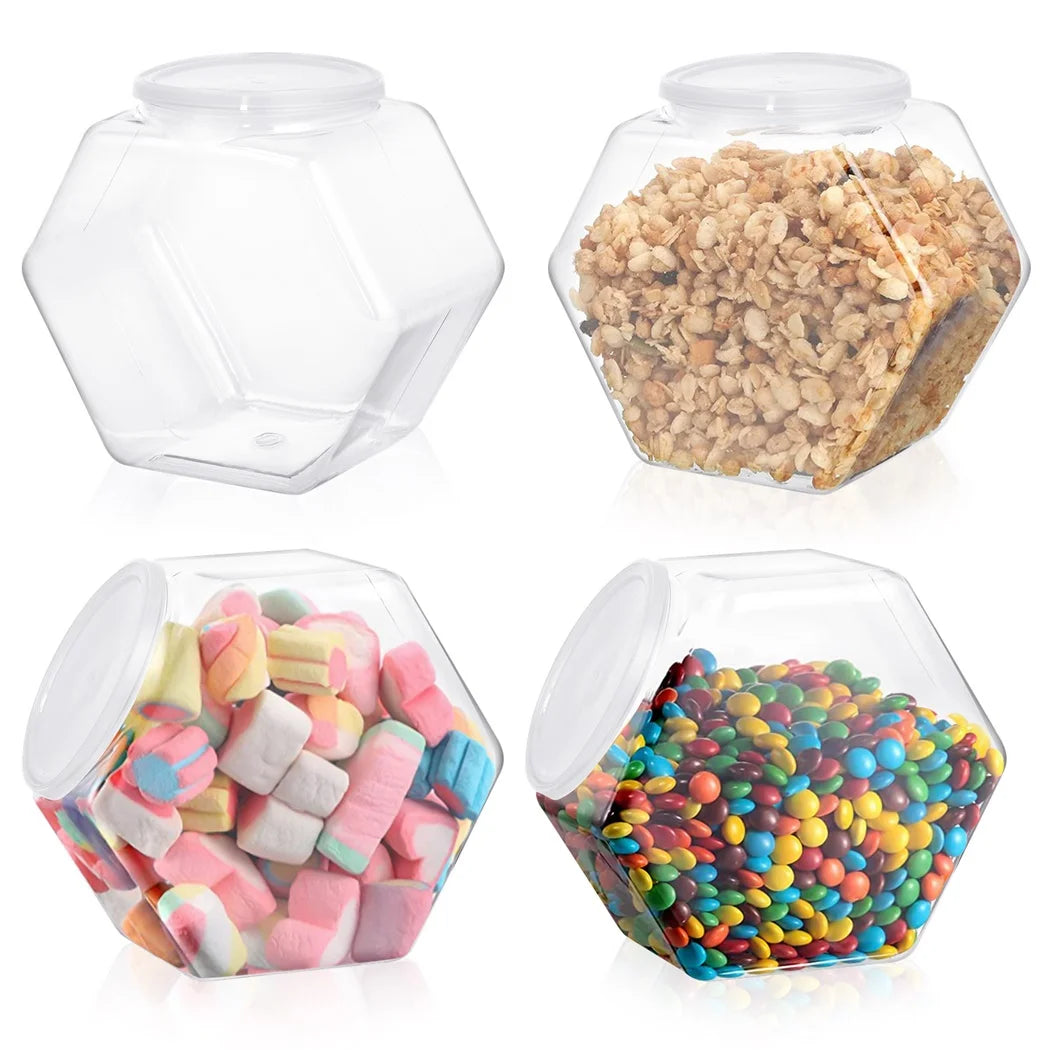 4Pcs Plastic Hexagon Candy Jars Plastic Cookie Jars 72oz Food Storage Container Reusable Cookie Container Countertop Organizer