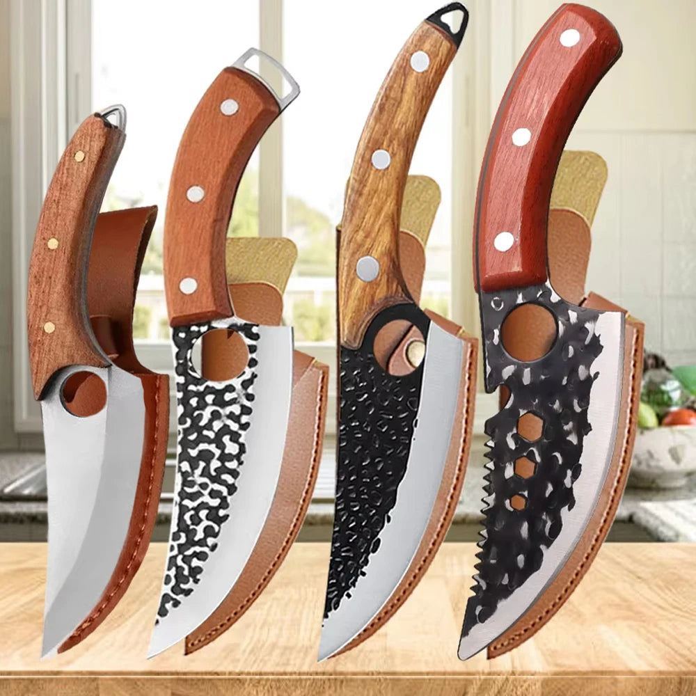 Multipurpose Chef Knives Meat Cleaver Kitchen Knife Hand-Forged Boning Knife Wooden Handle Stainless Steel Hammer Butcher Knife