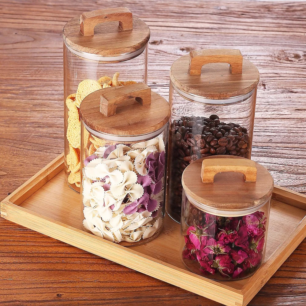 1pc Glass Storage Jar with Wood Lid,Transparent,Resistant Container for Kitchen Food,Nuts,Candy,Spices,Glass Storage Canisters