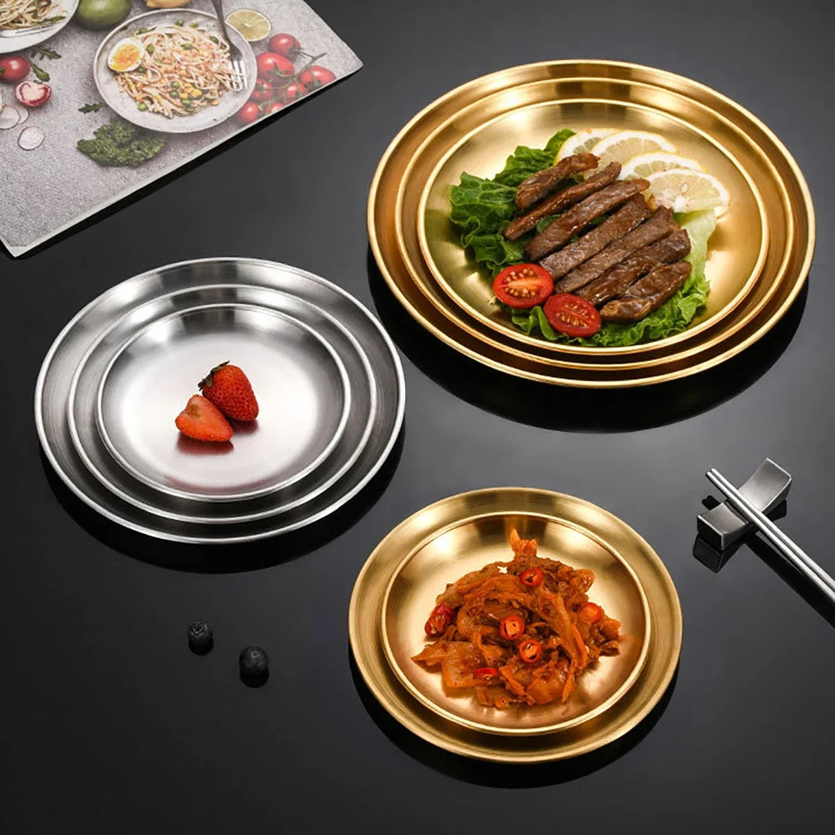 3/7/10pcs Stainless Steel Plate Set BBQ Fried Chicken Barbecue Meat Plate Vegetable Fruit Storage Tray Party Cake Dessert Plate