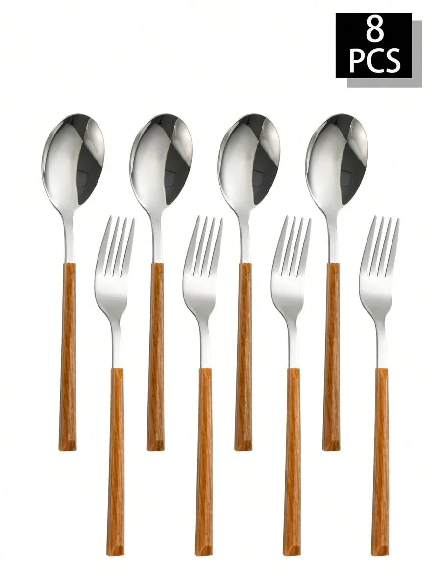 2/4/8/12pcs Stainless steel cutlery set with imitation wood handle fork and spoon, suitable for family gatherings, restaurants