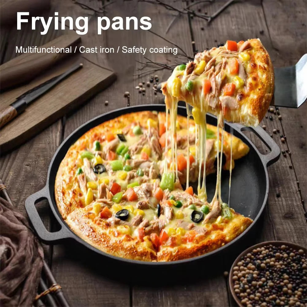 Cast Iron Skillet Pan with Dual Handles Non-Stick BBQ Camping Fry Pan Steak Pork Chicken Cooking Pot Kitchen Outdoor BBQ Grill