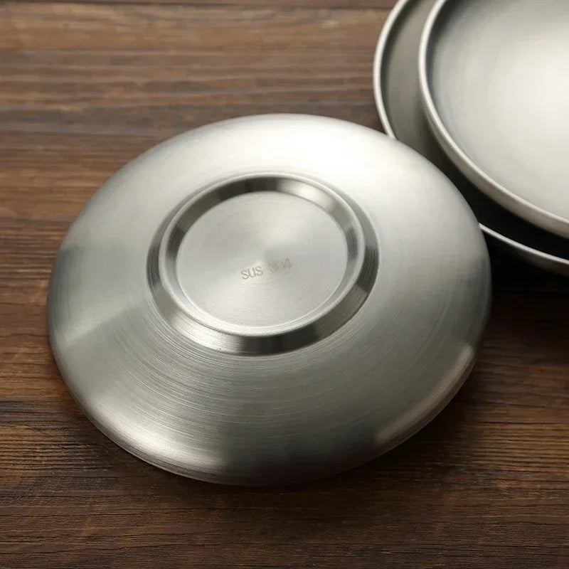 4Pcs/Set 304 Stainless Steel Round Plates, Double-Walled Insulated Dinner Plate, Plates for Snack, Dishes and Fruit