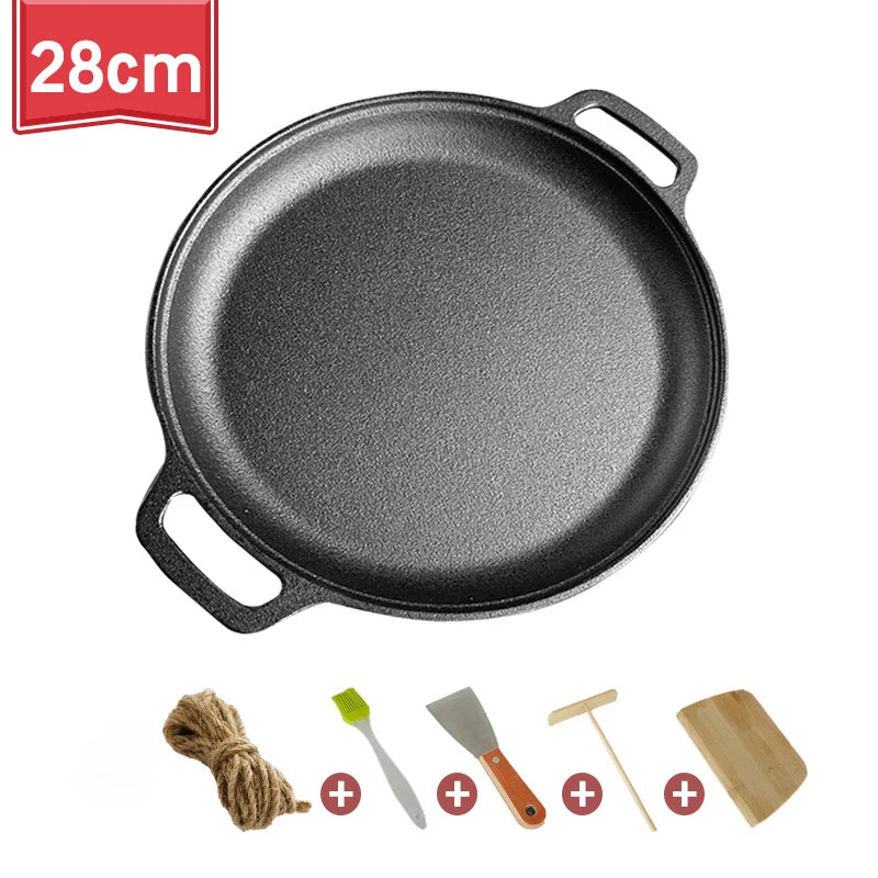 Cast Iron Skillet Pan with Dual Handles Non-Stick BBQ Camping Fry Pan Steak Pork Chicken Cooking Pot Kitchen Outdoor BBQ Grill