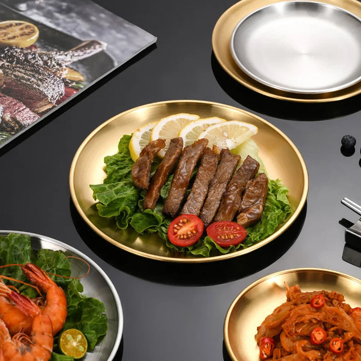 3/7/10pcs Stainless Steel Plate Set BBQ Fried Chicken Barbecue Meat Plate Vegetable Fruit Storage Tray Party Cake Dessert Plate