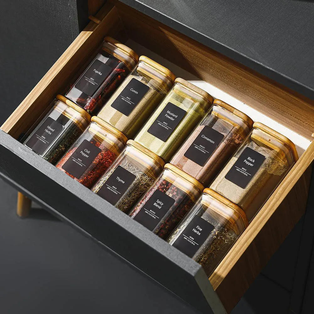 9oz Spice Jars Glass Container with Labels, Airtight Seasoning Empty Organizer with Bamboo Lid Set for Food Storage, Salt, Sugar