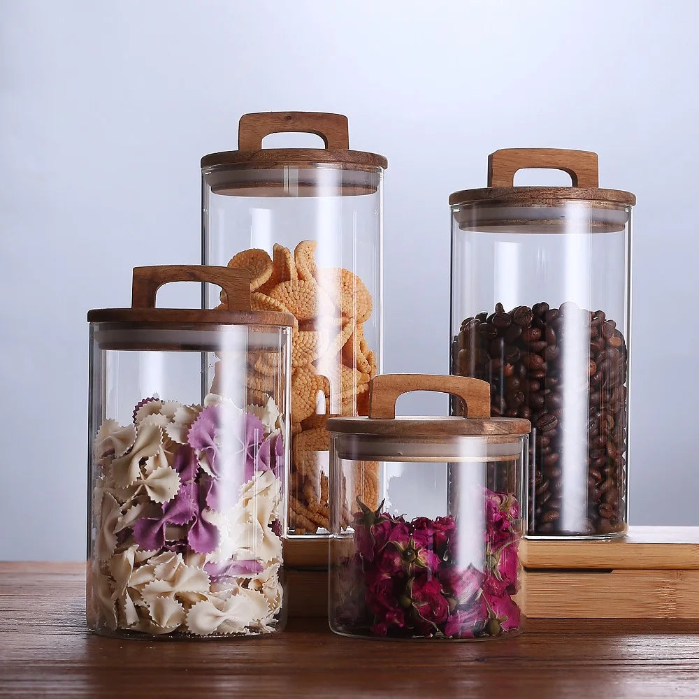 1pc Glass Storage Jar with Wood Lid,Transparent,Resistant Container for Kitchen Food,Nuts,Candy,Spices,Glass Storage Canisters