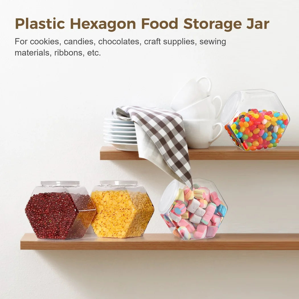 4Pcs Plastic Hexagon Candy Jars Plastic Cookie Jars 72oz Food Storage Container Reusable Cookie Container Countertop Organizer