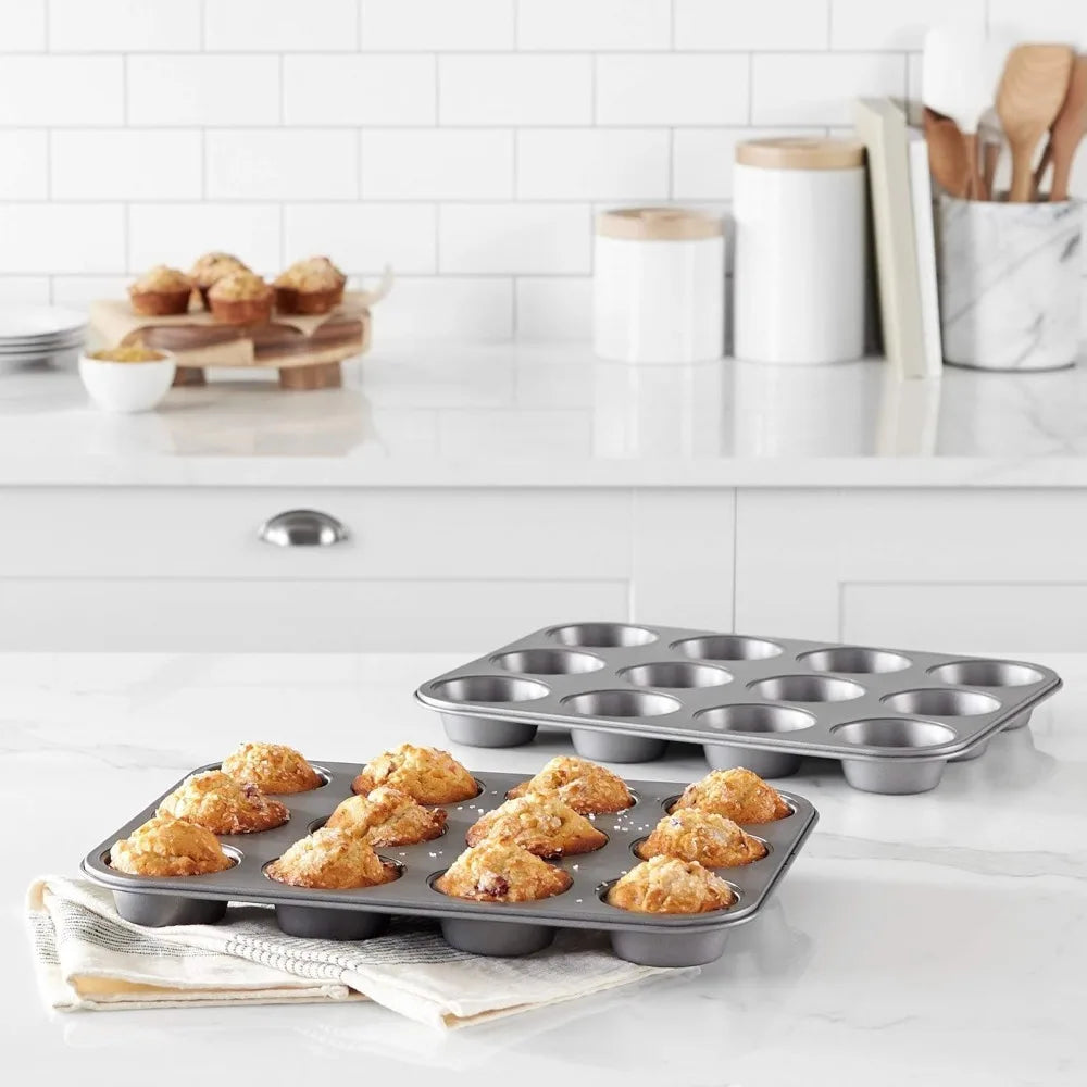 6 or12 Cups Nonstick Muffin and Cupcake Pan, Brownie Cake Pan, Carbon Steel bakeware for Oven Baking Gray