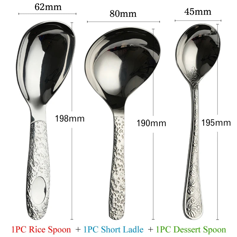 Super Exquisite 3pcs Spoon Set Classical Design Retro Stone Texture Ladle/Rice Scoop Floral Pattern Round-Tip Spoons Tableware