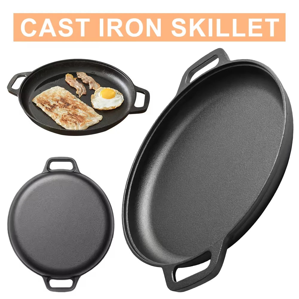 Cast Iron Skillet Pan with Dual Handles Non-Stick BBQ Camping Fry Pan Steak Pork Chicken Cooking Pot Kitchen Outdoor BBQ Grill