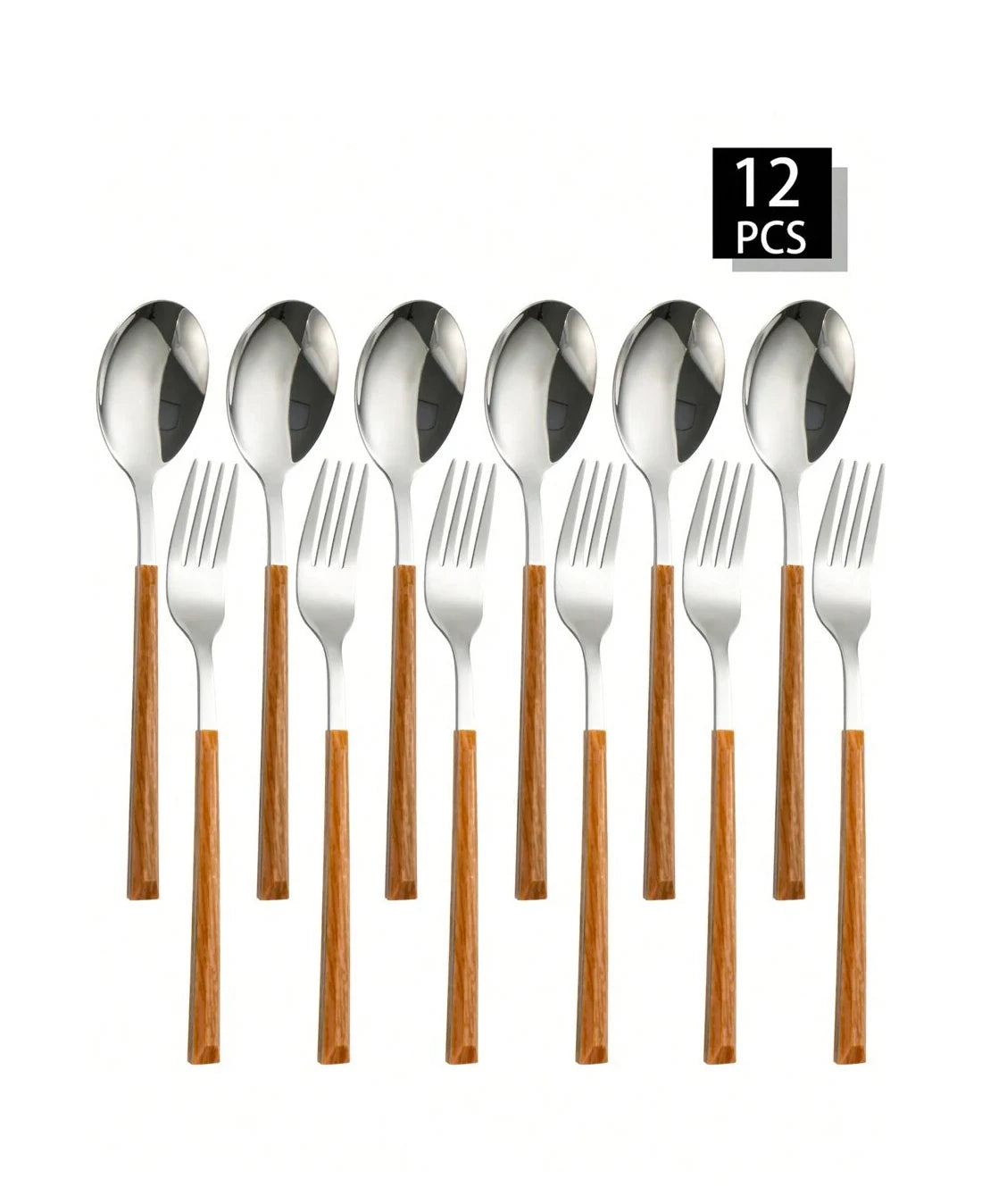 2/4/8/12pcs Stainless steel cutlery set with imitation wood handle fork and spoon, suitable for family gatherings, restaurants