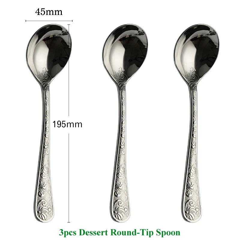 Super Exquisite 3pcs Spoon Set Classical Design Retro Stone Texture Ladle/Rice Scoop Floral Pattern Round-Tip Spoons Tableware