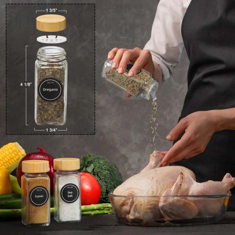 6/12/24pcs Glass Spice Jars with Bamboo Lid Spice Seasoning Containers Salt Pepper Shakers Spice Organizer Kitchen Spice Jar Set
