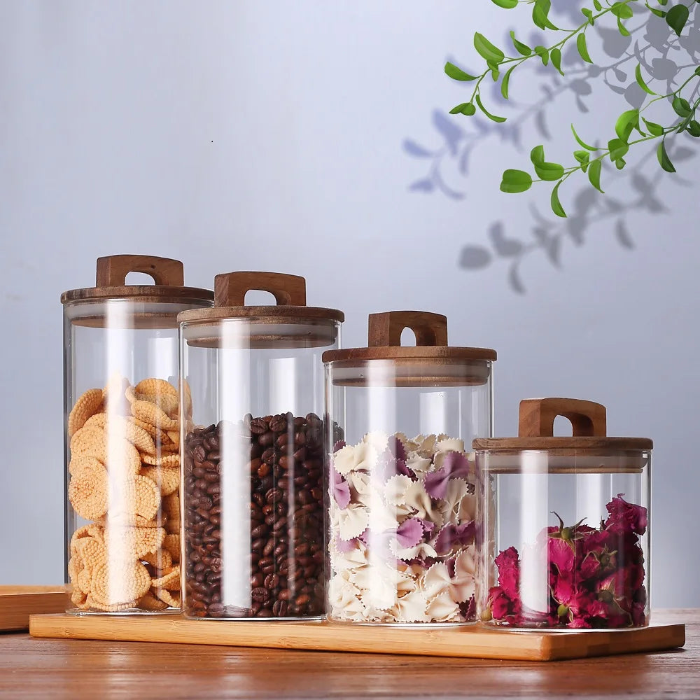 1pc Glass Storage Jar with Wood Lid,Transparent,Resistant Container for Kitchen Food,Nuts,Candy,Spices,Glass Storage Canisters