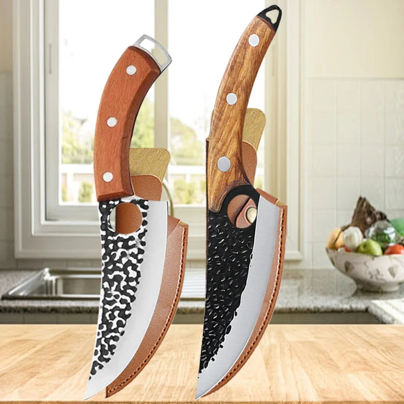 Multipurpose Chef Knives Meat Cleaver Kitchen Knife Hand-Forged Boning Knife Wooden Handle Stainless Steel Hammer Butcher Knife