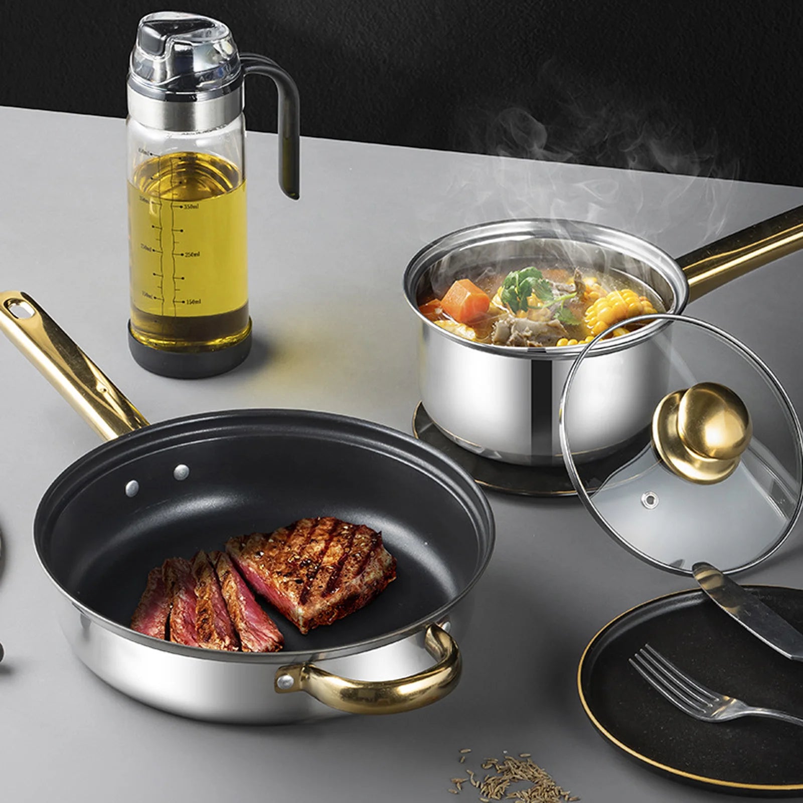 6 Sets Kitchen Pots Set Stainless Steel Golden Handle Smoothing Sturdy Durable Easy to Clean Cookware Set for Home Cooking Pots