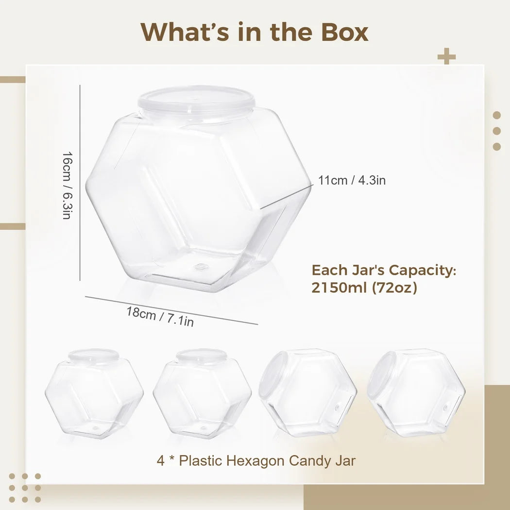 4Pcs Plastic Hexagon Candy Jars Plastic Cookie Jars 72oz Food Storage Container Reusable Cookie Container Countertop Organizer