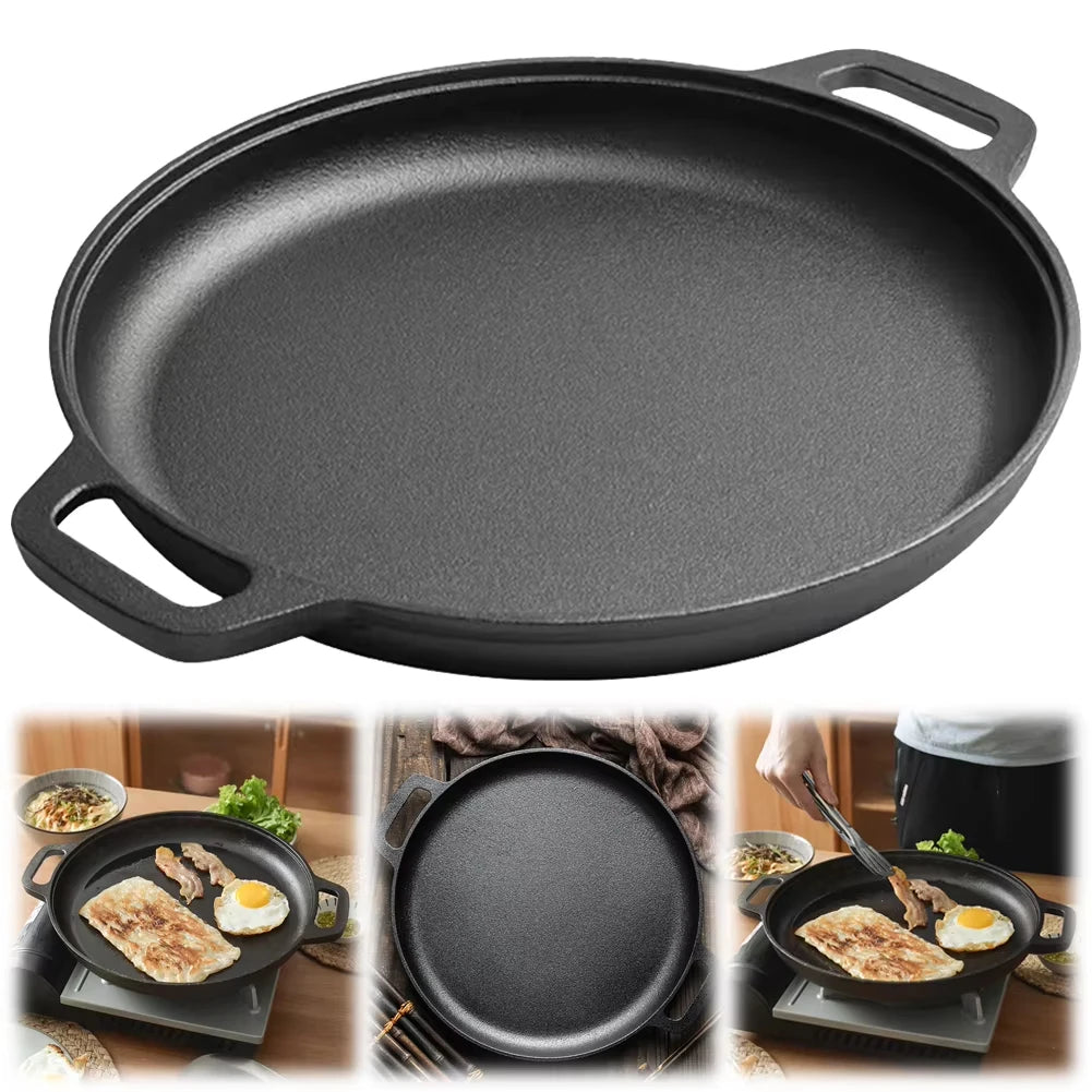 Cast Iron Skillet Pan with Dual Handles Non-Stick BBQ Camping Fry Pan Steak Pork Chicken Cooking Pot Kitchen Outdoor BBQ Grill