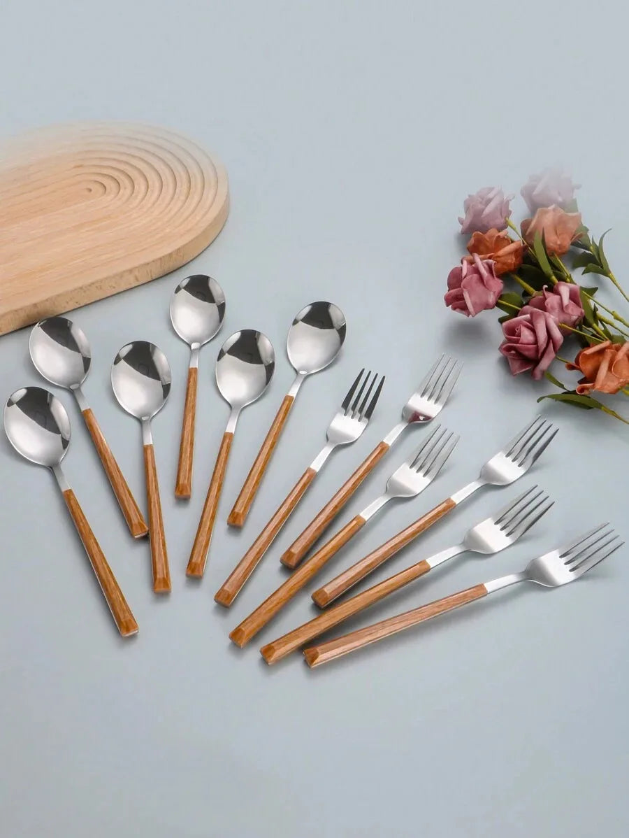 2/4/8/12pcs Stainless steel cutlery set with imitation wood handle fork and spoon, suitable for family gatherings, restaurants
