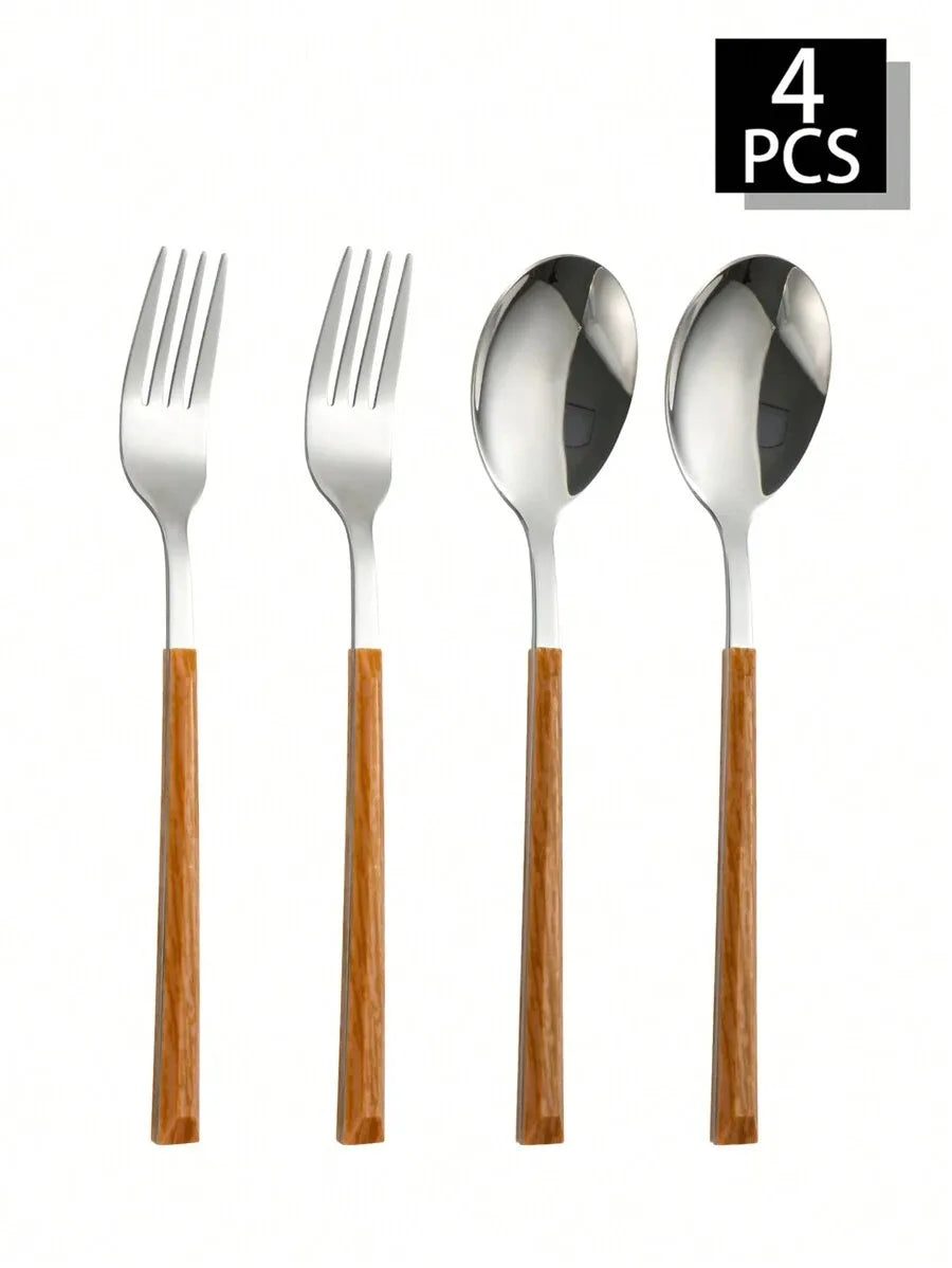 2/4/8/12pcs Stainless steel cutlery set with imitation wood handle fork and spoon, suitable for family gatherings, restaurants