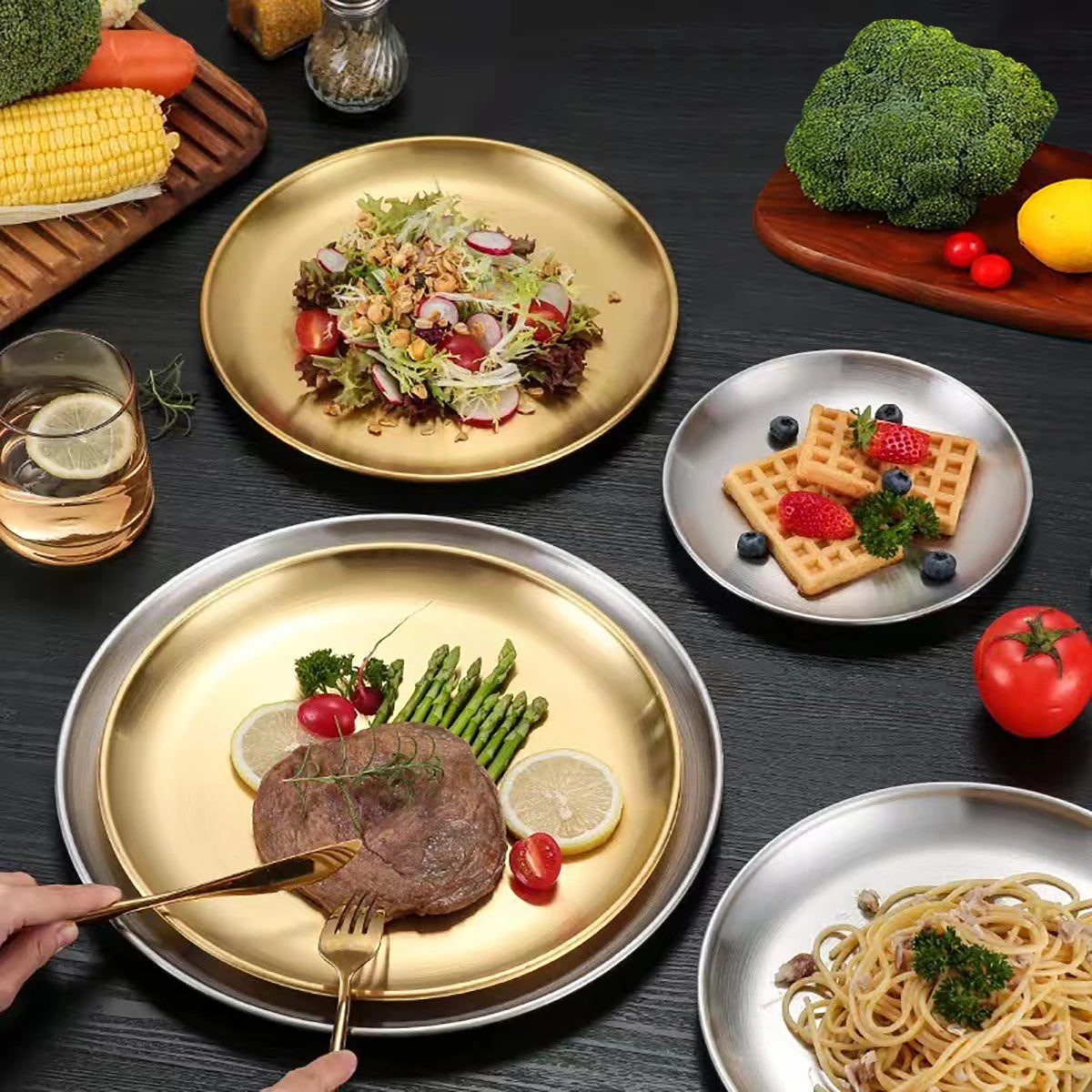 3/7/10pcs Stainless Steel Plate Set BBQ Fried Chicken Barbecue Meat Plate Vegetable Fruit Storage Tray Party Cake Dessert Plate