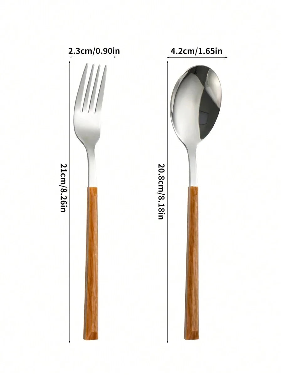2/4/8/12pcs Stainless steel cutlery set with imitation wood handle fork and spoon, suitable for family gatherings, restaurants