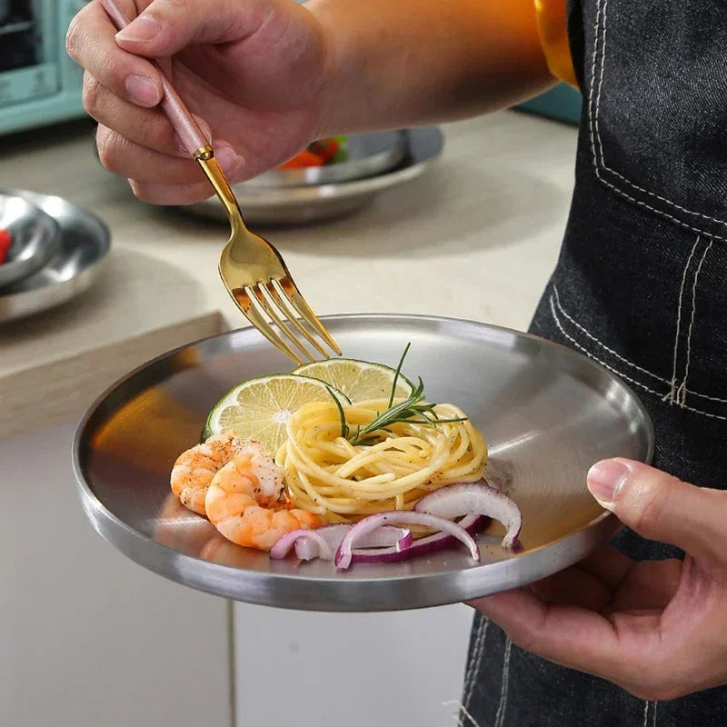 4Pcs/Set 304 Stainless Steel Round Plates, Double-Walled Insulated Dinner Plate, Plates for Snack, Dishes and Fruit
